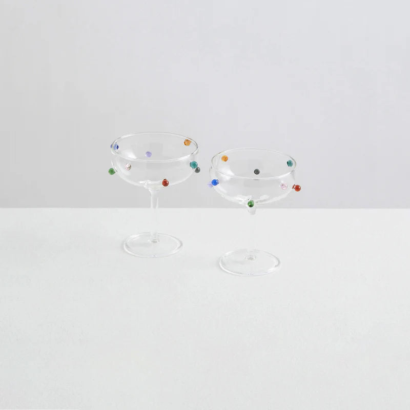 MAISON BALZAC POMPONETTE CHAMPAGNE COUPE SET OF 2 | CLEAR/MULTI